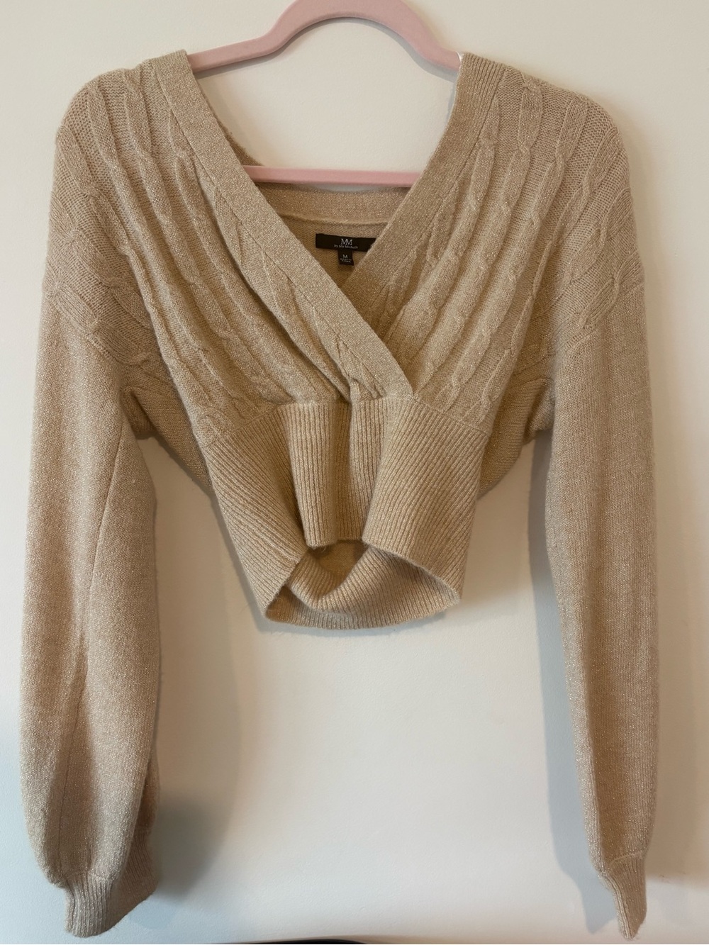 My Michelle Beige Cropped V-Neck Cable Knit Sweater